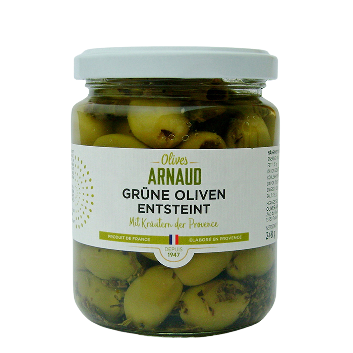 Grüne Oliven mit Kräuter der Provence, entsteint