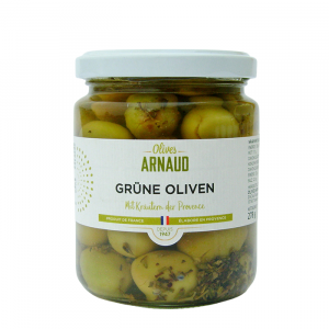 Grüne Oliven mit Kräuter der Provence, mit Kern